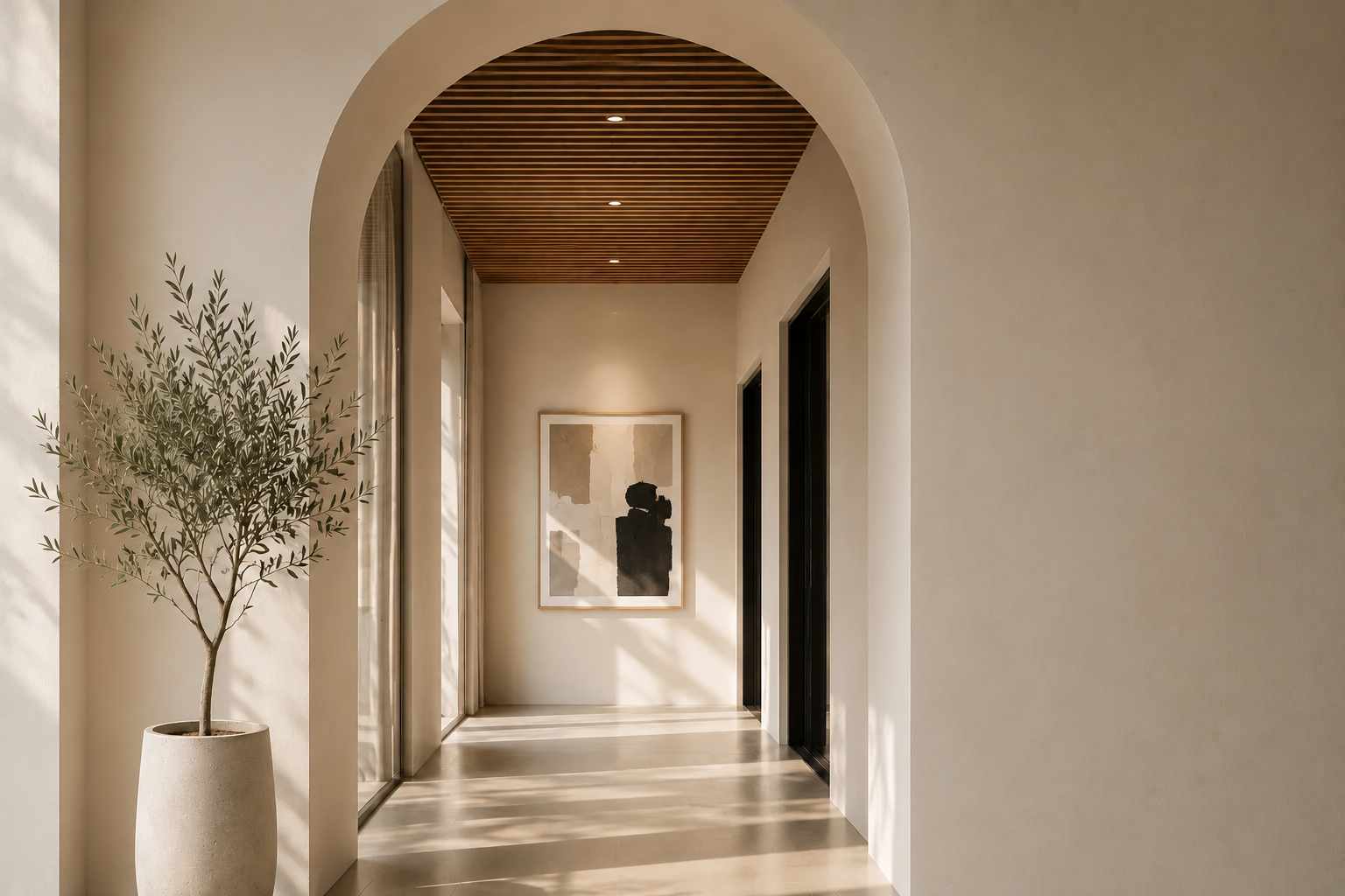 Modern hallway with neutral-colored walls, wooden ceiling, abstract artwork on the wall, potted plant, and natural light casting shadows.