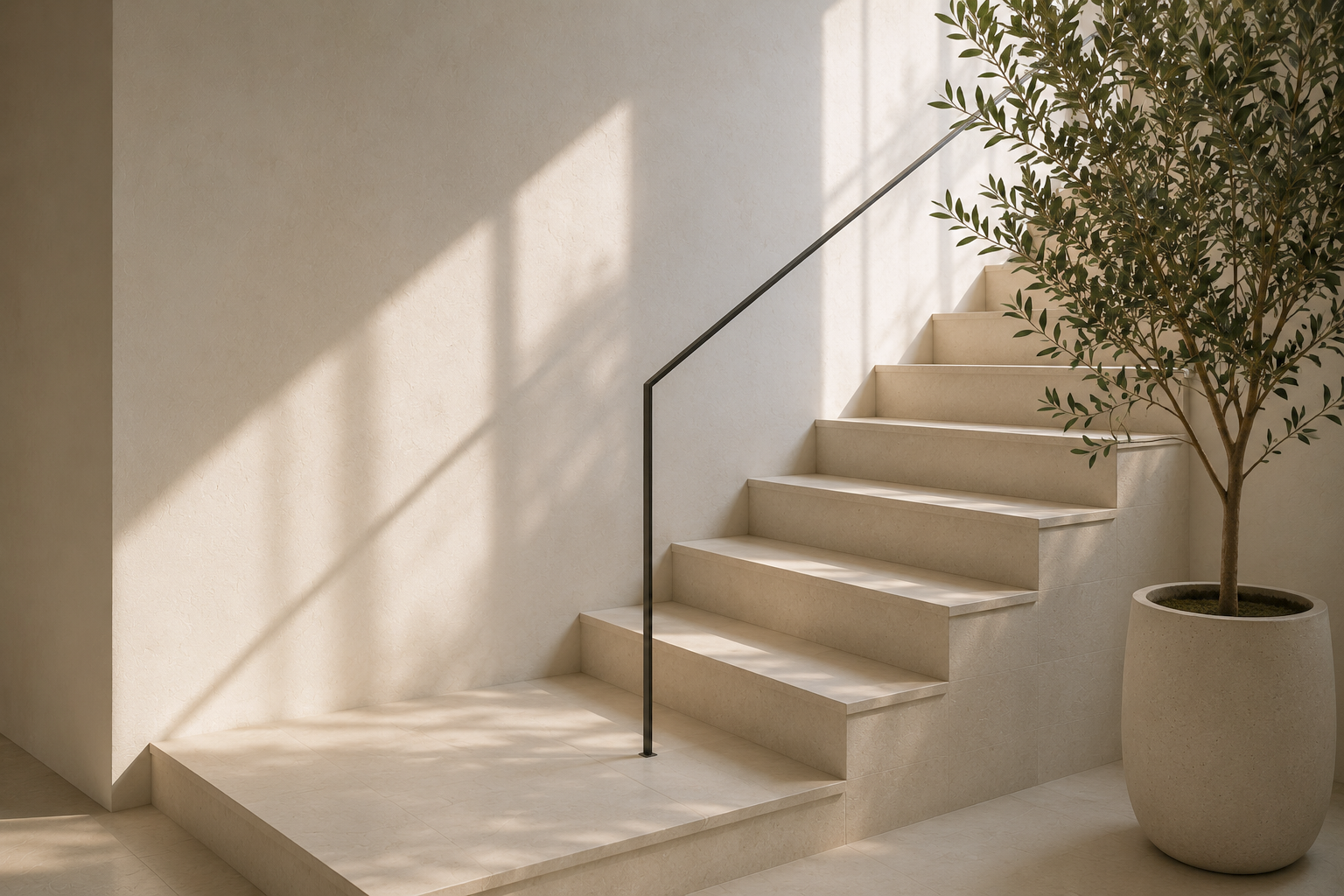 Minimalist staircase with beige steps and black handrail next to a large potted plant in a light-colored room with soft sunlight and shadows on the wall.