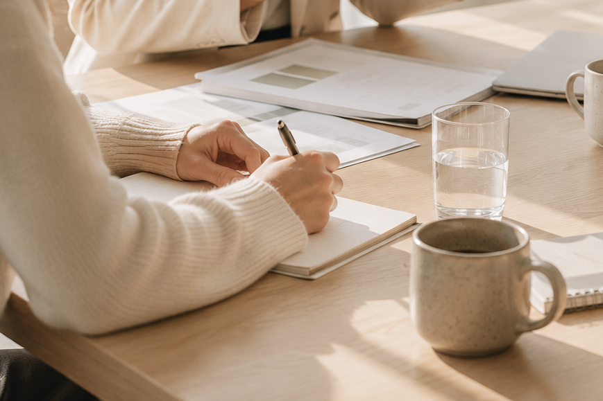 Person writing in a notebook on a wooden table with paper documents, a glass of water, and a coffee mug nearby.