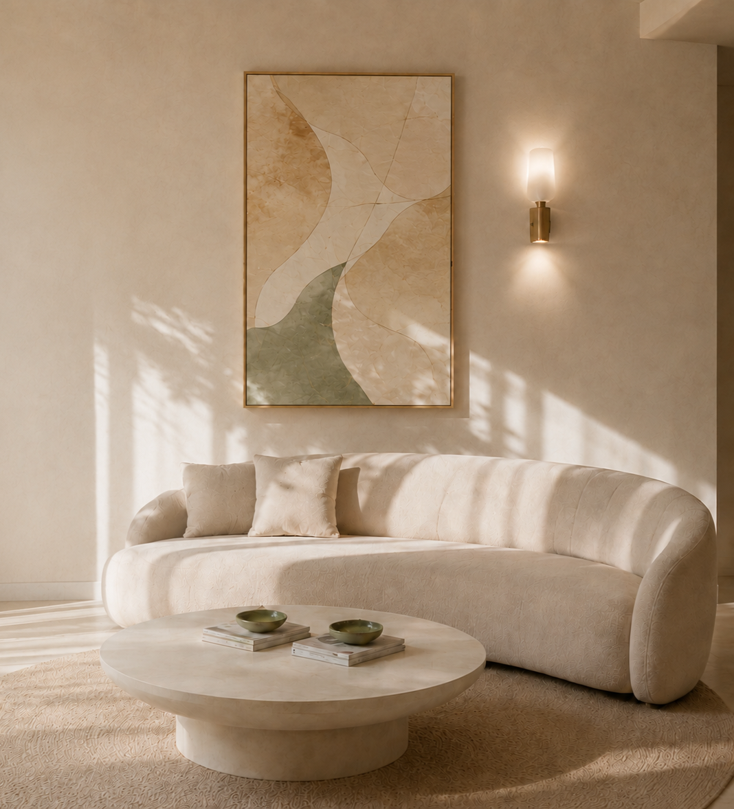 A living room corner with a cream-colored, curved sofa, beige cushions, a round marble coffee table with two green bowls, a beige textured rug, an abstract art piece with earthy tones on the wall, and a wall-mounted light fixture casting warm light.