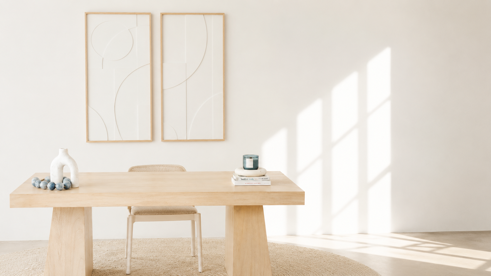 Minimalist dining room with a light wooden table, beige chair, white vase with blue decor, books, and a candle, with abstract wall art and sunlight casting shadows on the wall.