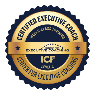 A circular badge with gold and navy blue colors, featuring text that reads 'Certified Executive Coach,' 'World-Class Training,' 'Center for Executive Coaching,' 'ICF Level 2,' and 'Center for Executive Coaching.'