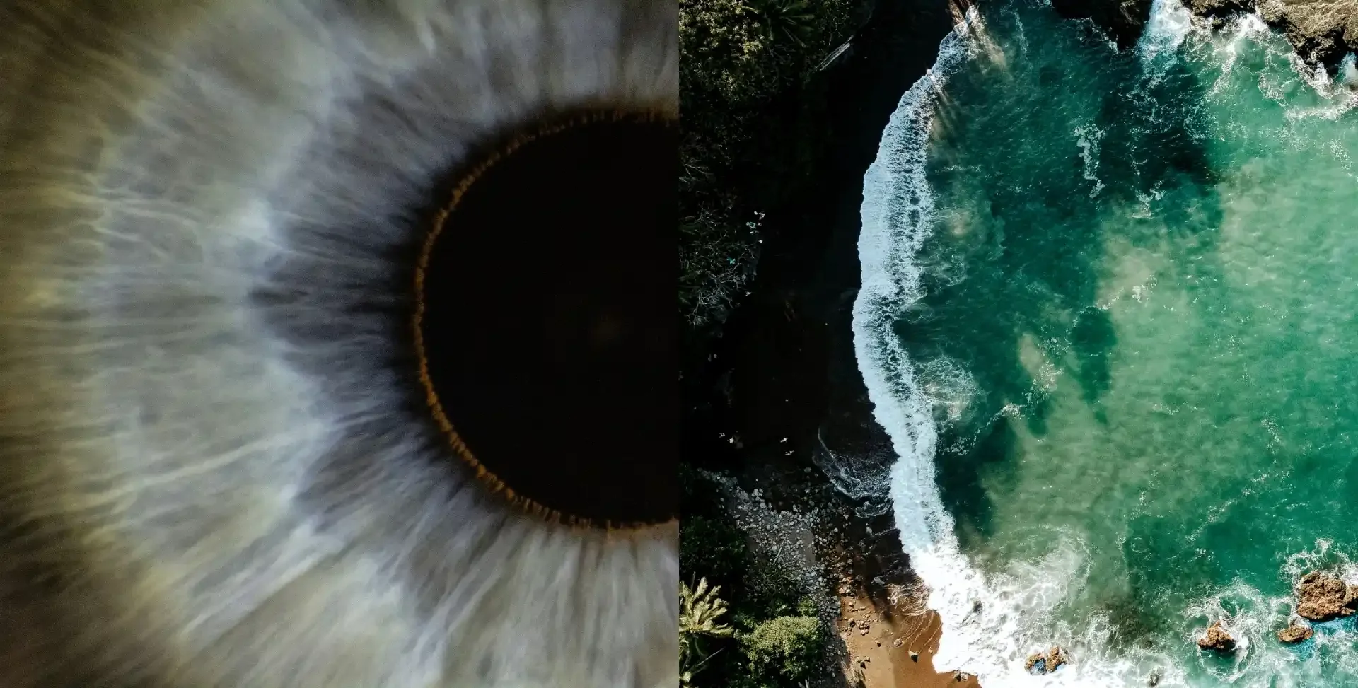 eye pupil and waves from ocean hitting shoreline of rocky cliffs