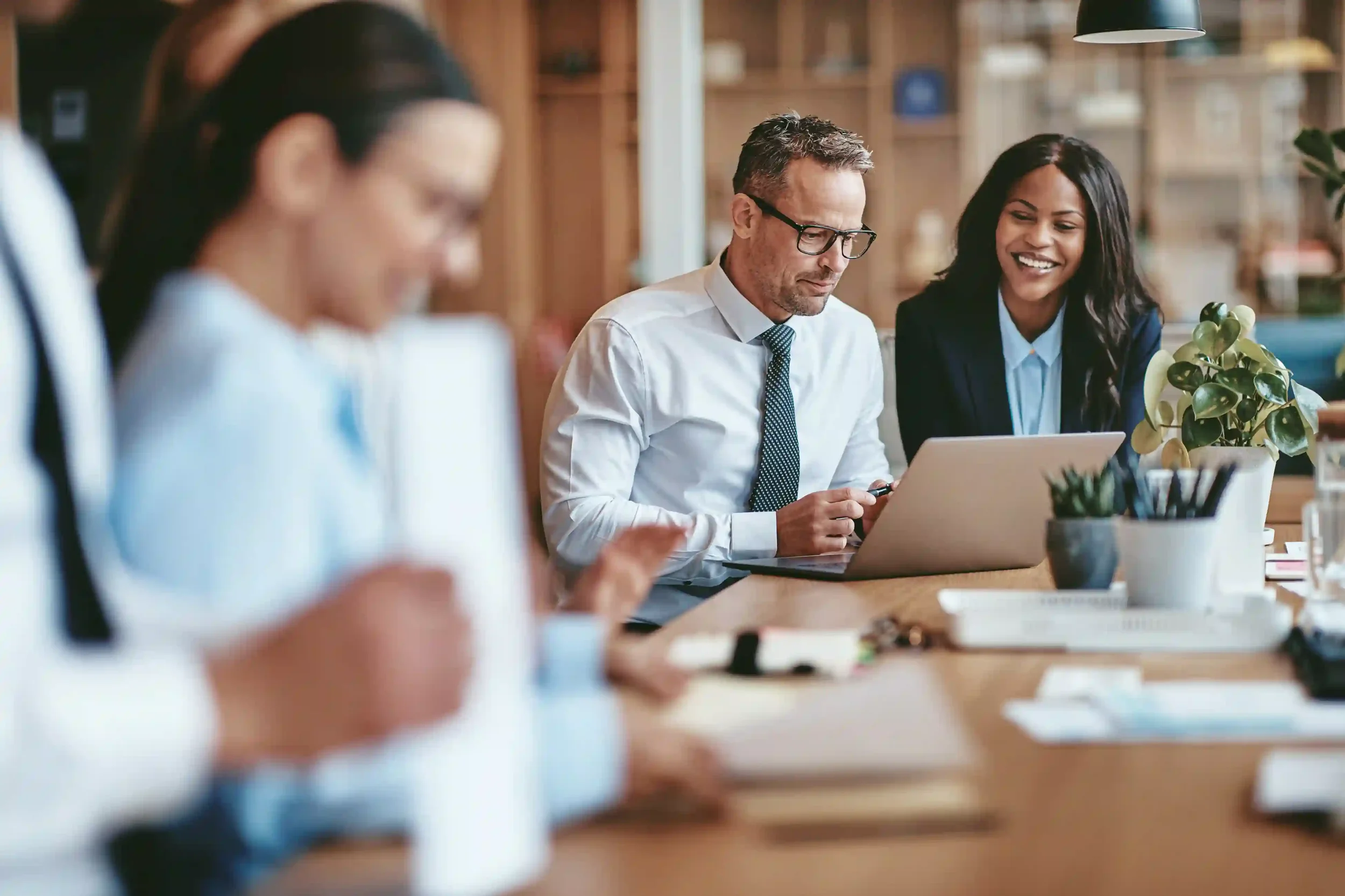 Corporate pitch and meeting between man and woman