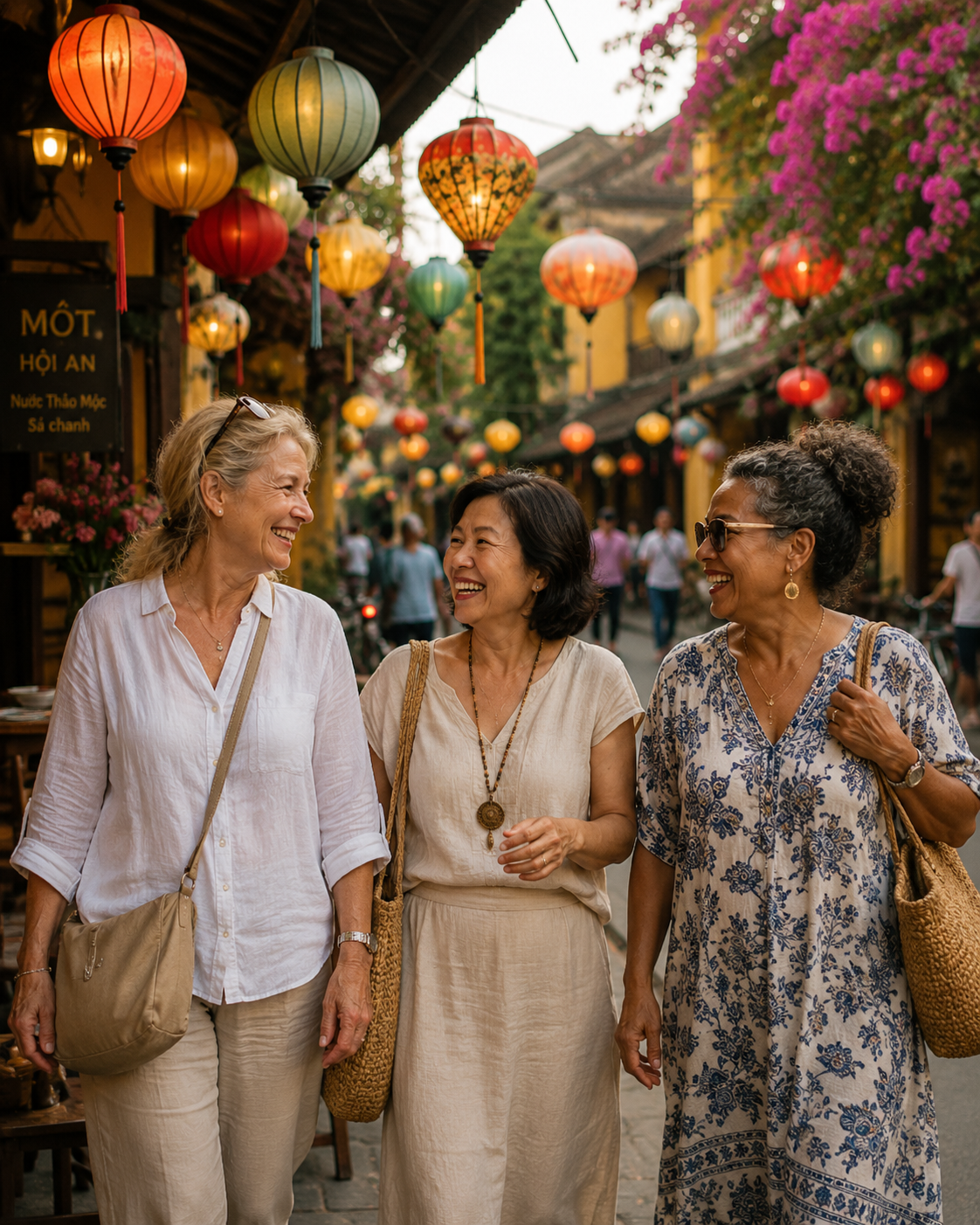 Three women walking and talking in a street decorated with colorful lanterns, with pink bougainvillea flowers and traditional buildings in the background.