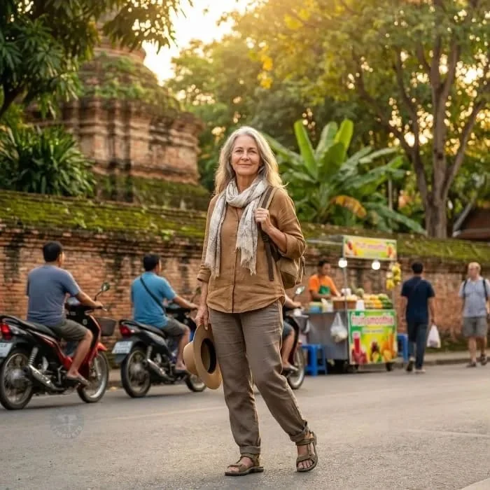 A smiling older woman with gray hair, wearing a tan jacket, gray pants, and sandals, walking on a street with motorbikes, street vendors, and other pedestrians, with greenery and an old brick structure in background during sunset.