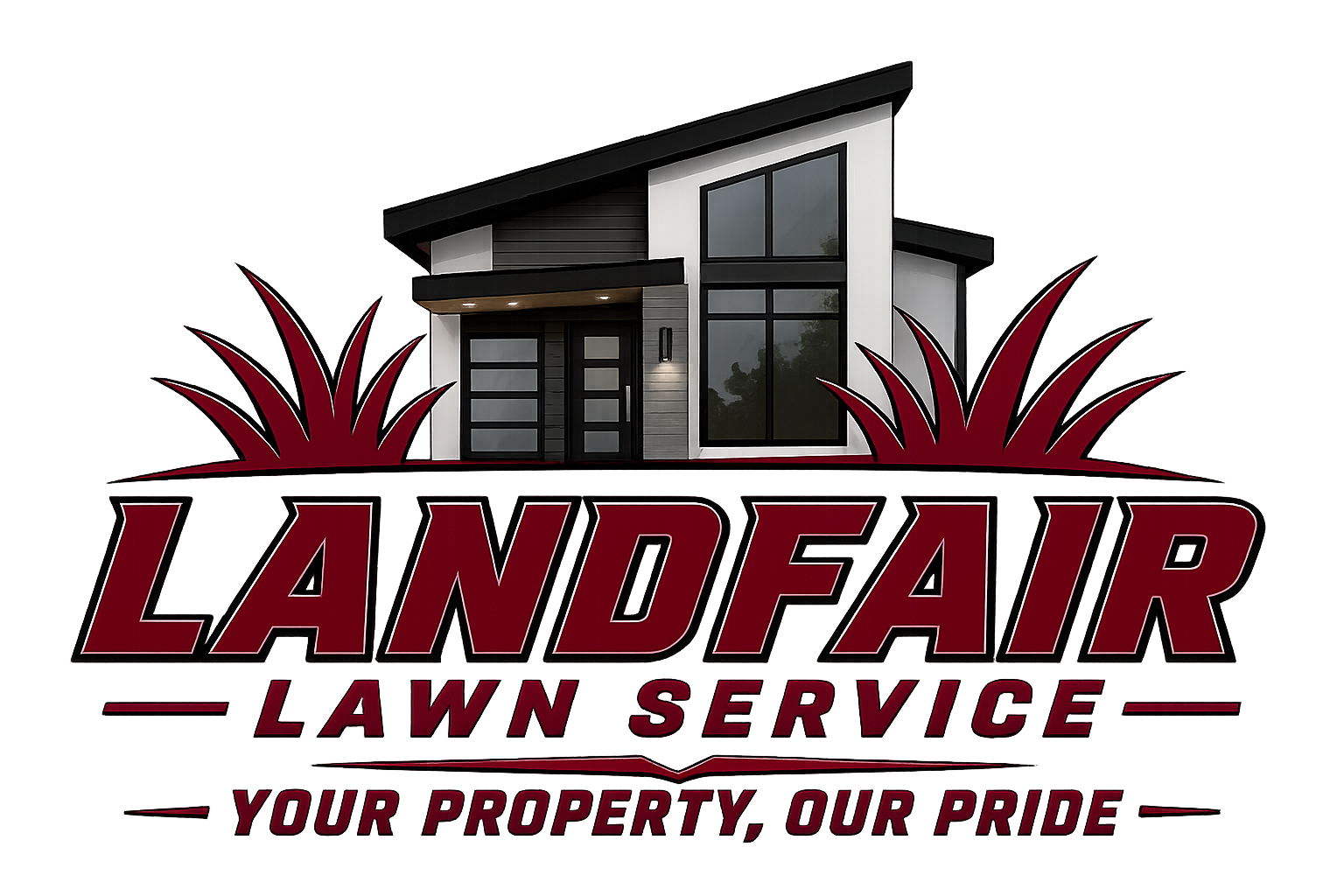 Sign for Landfair Lawn Service featuring an illustration of a modern house with large windows and two desert plants, with the company slogan "Your Property, Our Pride".