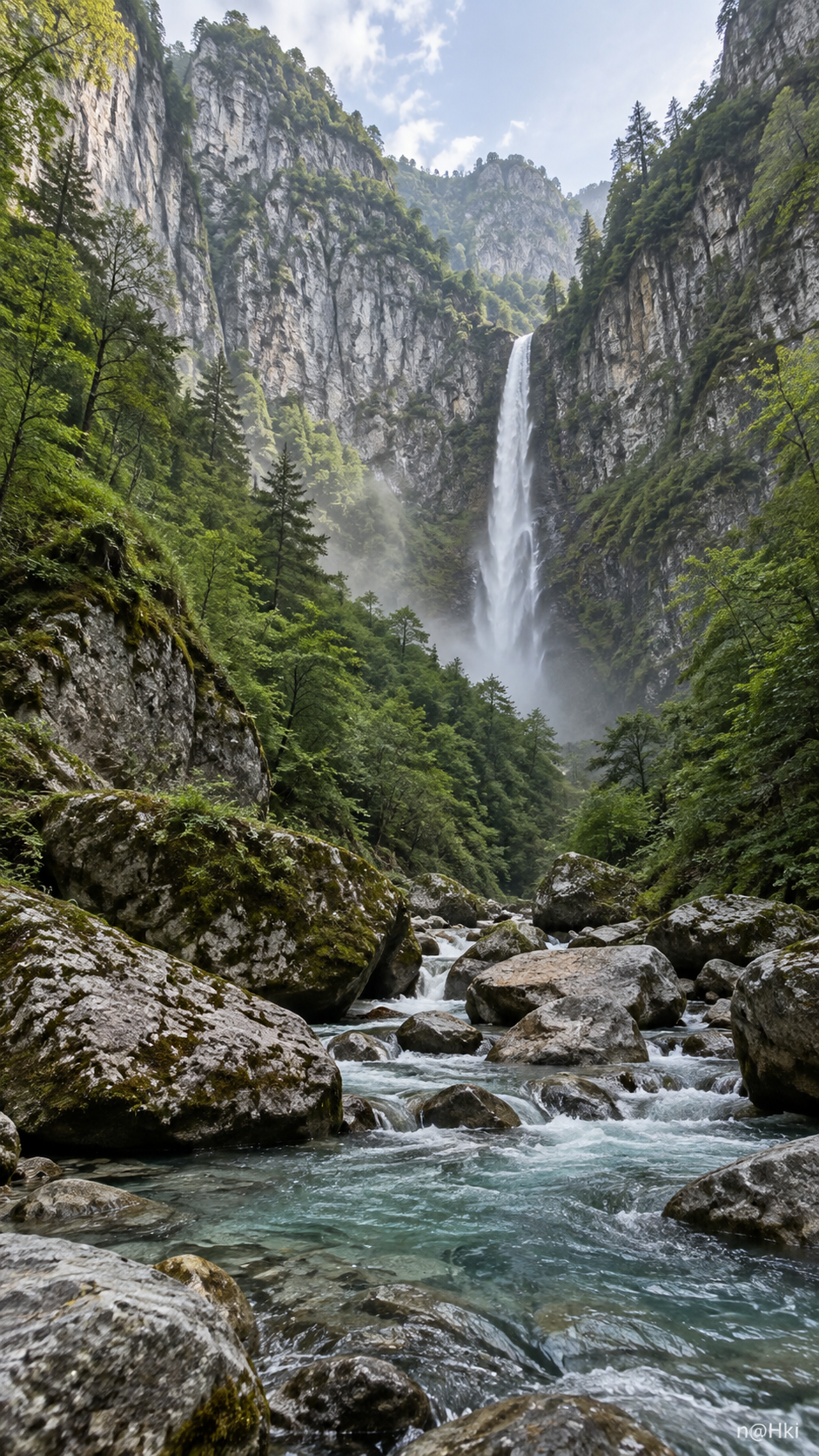 山と森の中にある滝と岩が点在する川の風景