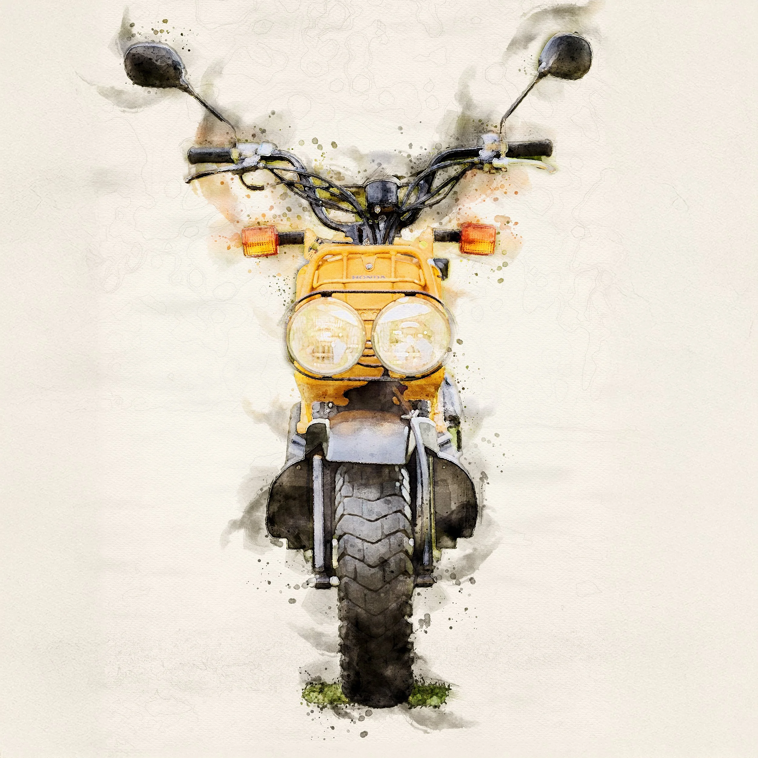 Watercolor-style illustration of a yellow off-road motorcycle viewed from the front, with large round headlights, handlebars, and motorcycle details visible.