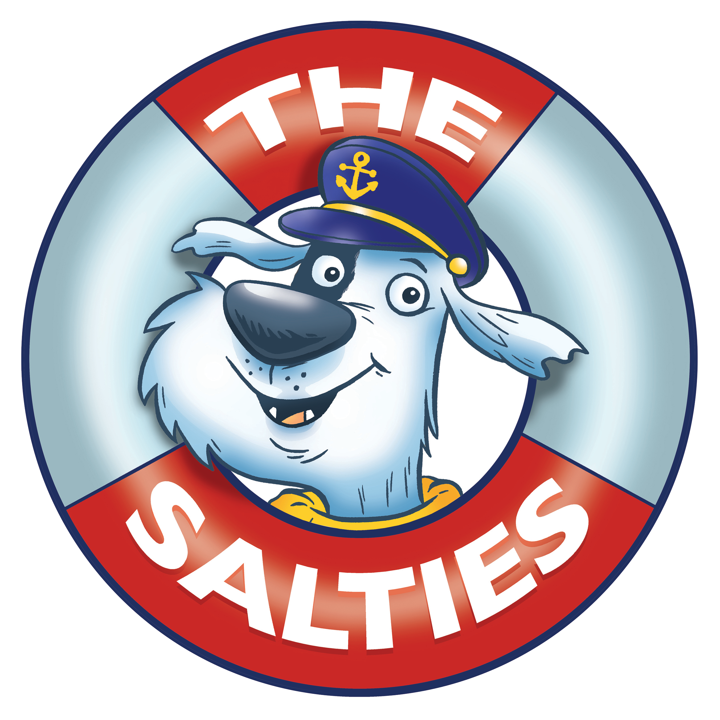 A cartoon dog wearing a navy captain's hat with an anchor emblem, surrounded by a lifebuoy with red and gray sections that reads 'The Saltes'