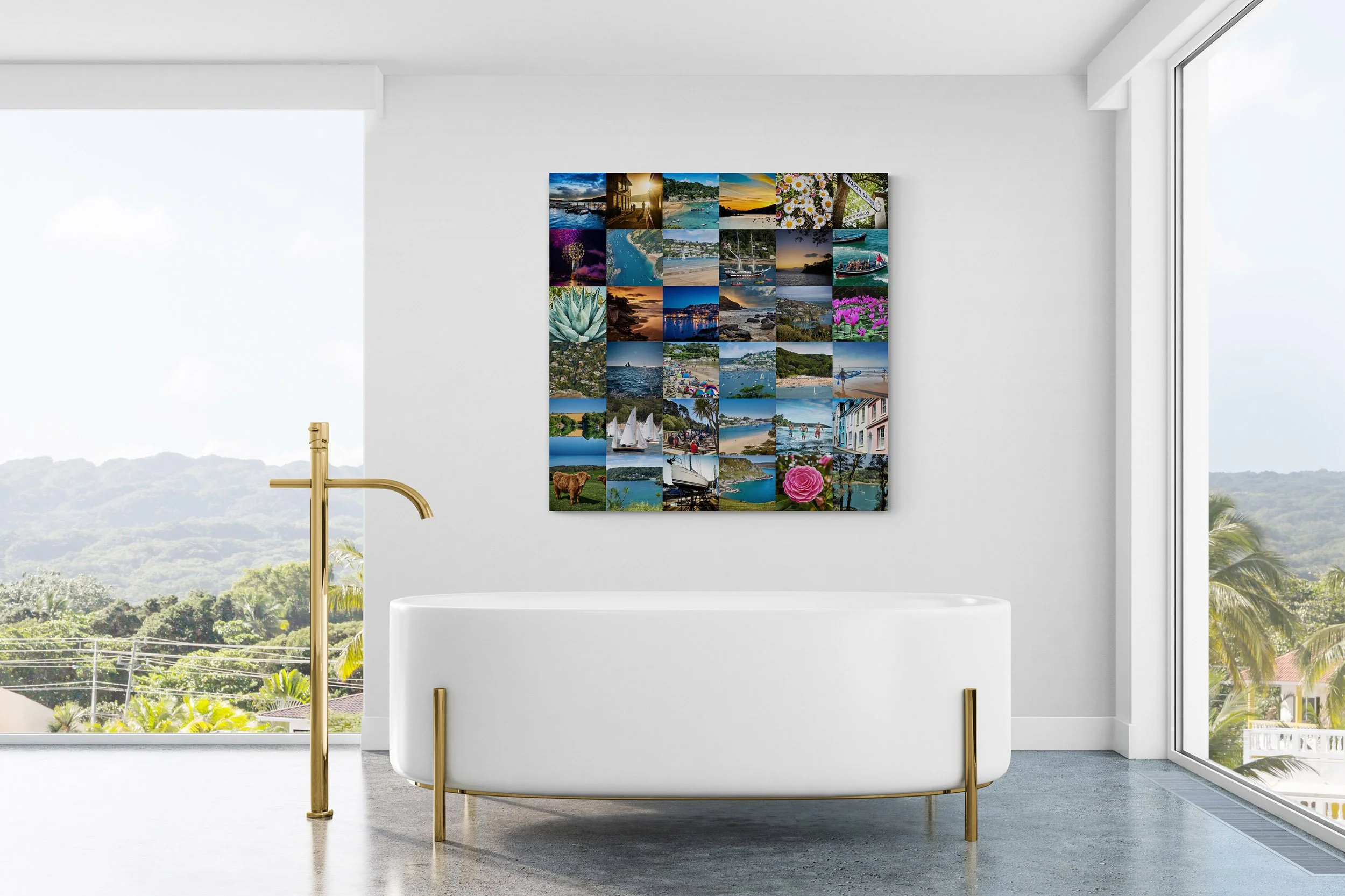 A full size collage by Charles Ward hanging on teh wall of a contemporary home.