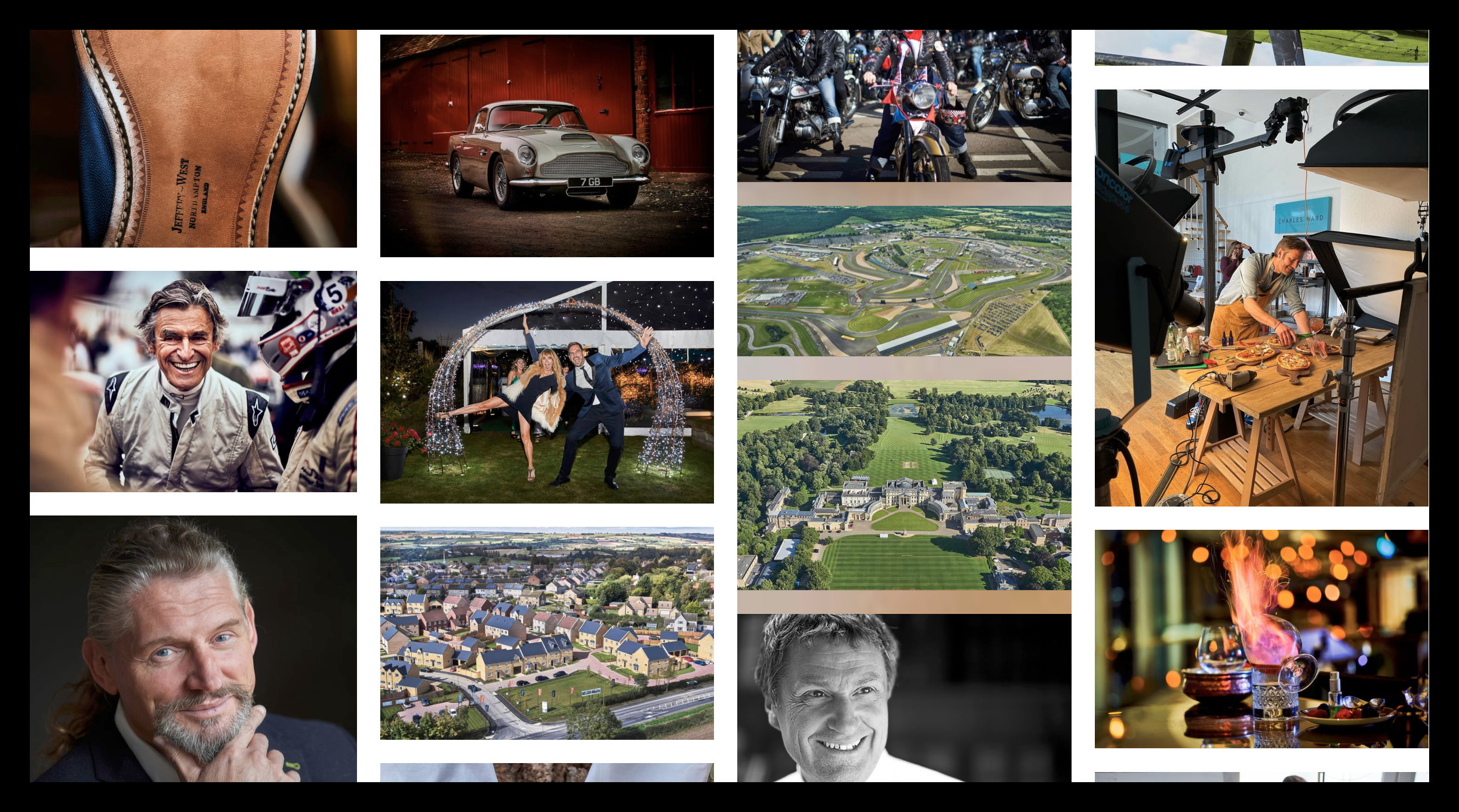 A collage of images including a leather shoe sole, a vintage sports car, a group of motorcyclists, a plane flying over a landscape, a racing circuit, a person working on a pizza in a studio, a racing driver, a romantic dance at night, an aerial view of houses, a large estate with a lawn, a man in a suit, and a flaming cocktail.