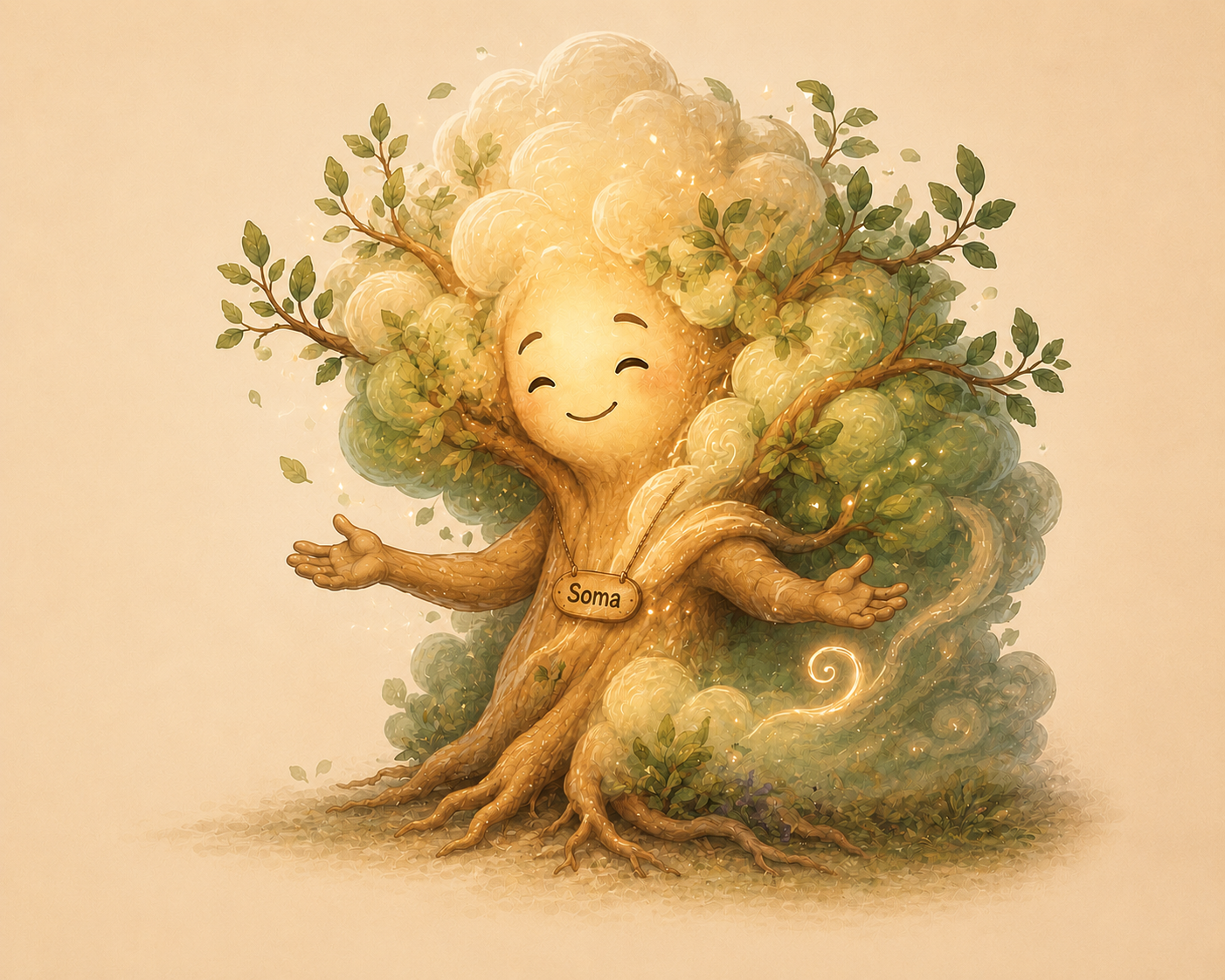 Un arbre anthropomorphe avec un visage souriant, des branches feuillues et un corps en forme de tronc, portant un collier avec le nom 'Soma'.