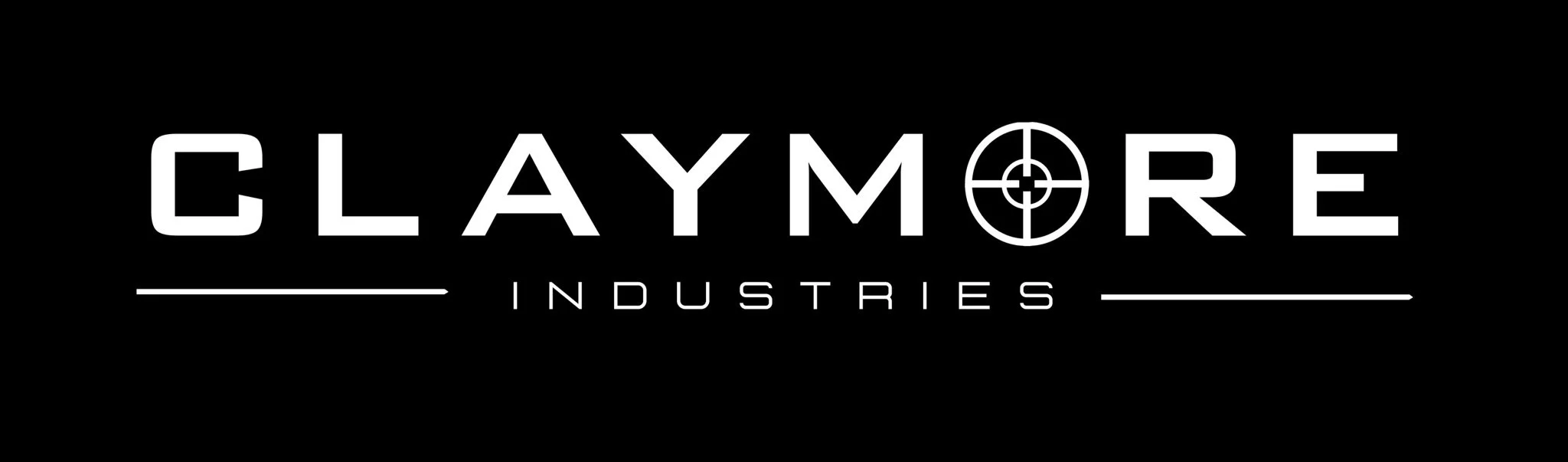 Black background with white text reading 'CLAYMORE INDUSTRIES' and a crosshair symbol in place of the 'O' in 'CLAYMORE'.