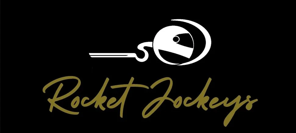 Logo featuring a stylized rocket with a trail, and the words 'Rocket Jockeys' written below in a handwritten font.