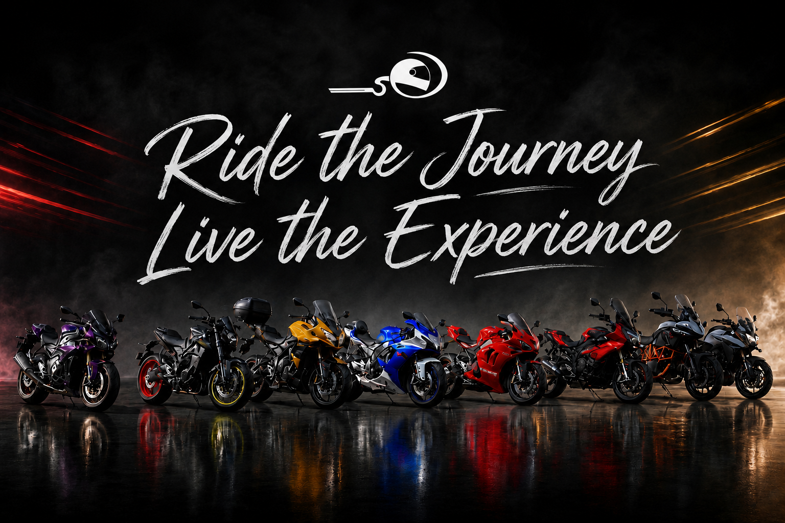 Multiple sports motorcycles of various colors lined up on a reflective surface with the text 'Ride the Journey Live the Experience' written in cursive in the background.
