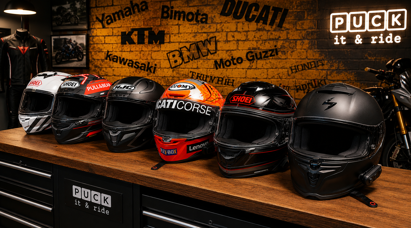 A row of six motorcycle helmets on a wooden workbench in a motorcycle gear shop. The helmets display various brands and designs, with some featuring brand logos like Shoei, HJC, and 레이시박스. In the background, a brick wall has motorcycle brand names and a sign that reads 'PUCK it & ride,' along with a motorcycle and a jacket on a stand.