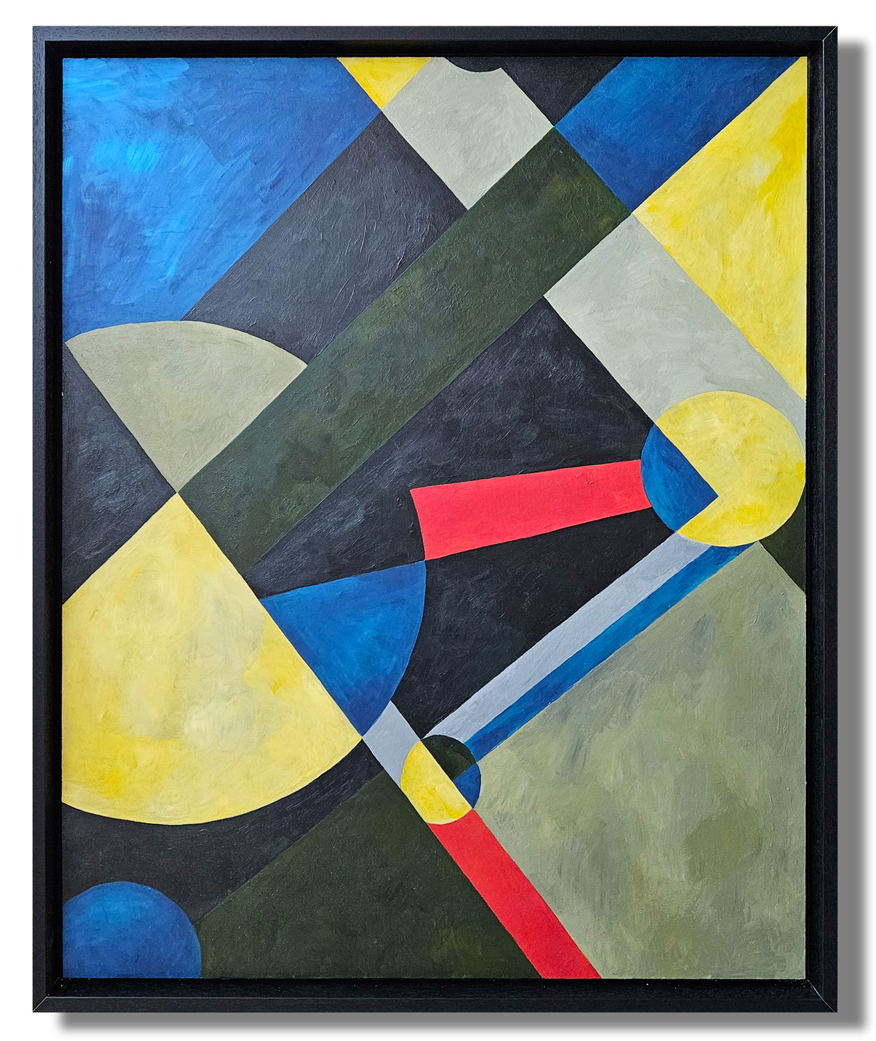 Abstract painting with geometric shapes in blue, yellow, gray, black, green, and red within a black frame.