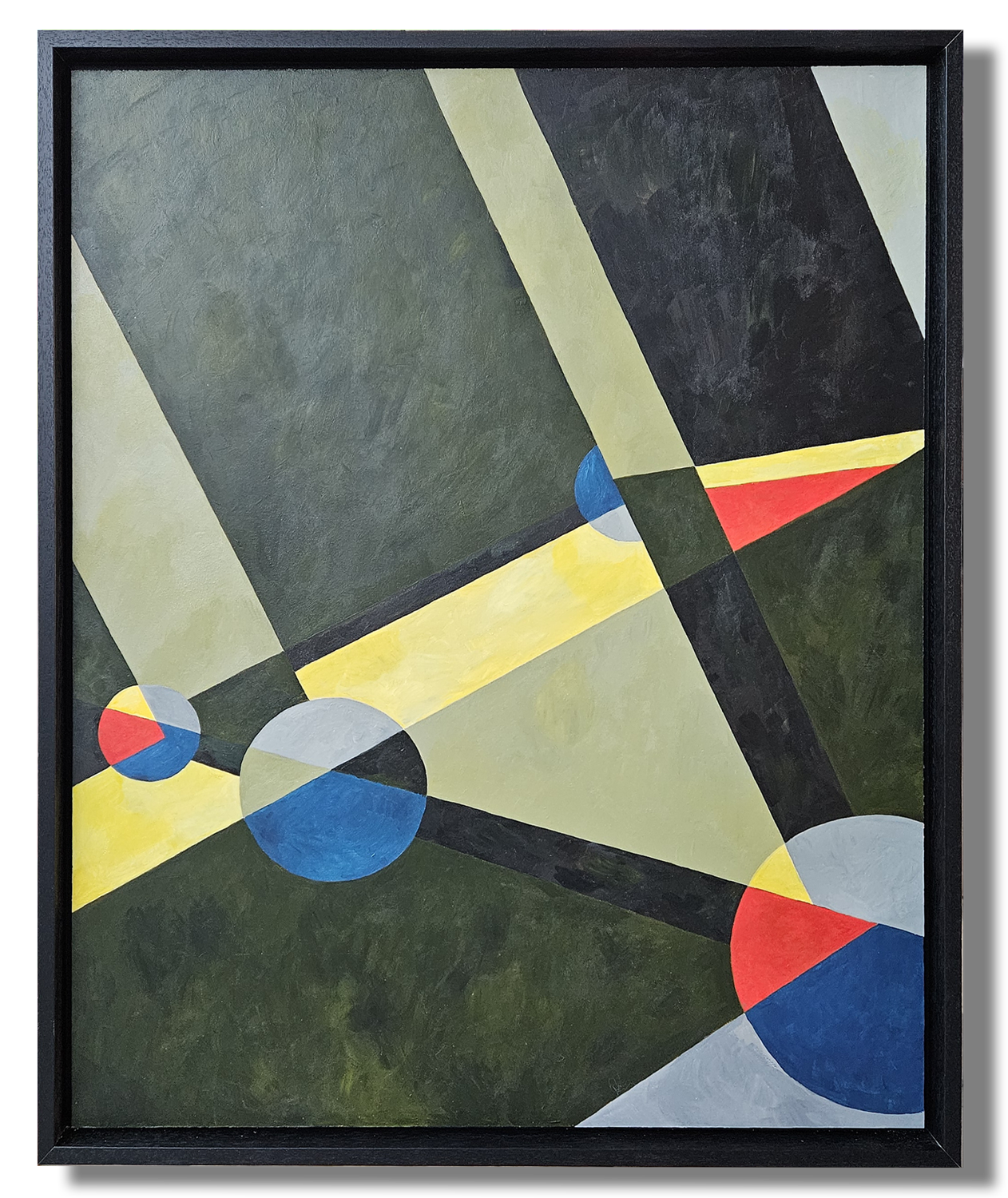Abstract geometric painting with black, dark green, light green, yellow, red, blue, and gray shapes and lines.