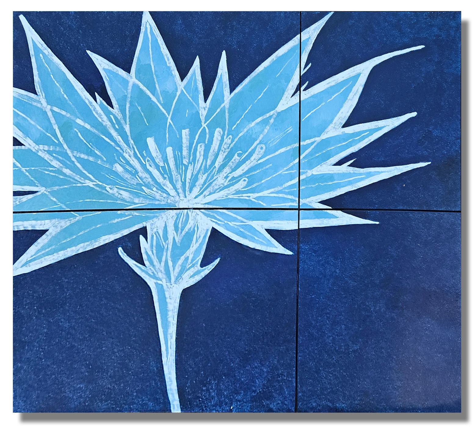A stylized white and light blue flower with sharp, pointed petals on a dark blue background, displayed across four tiles.