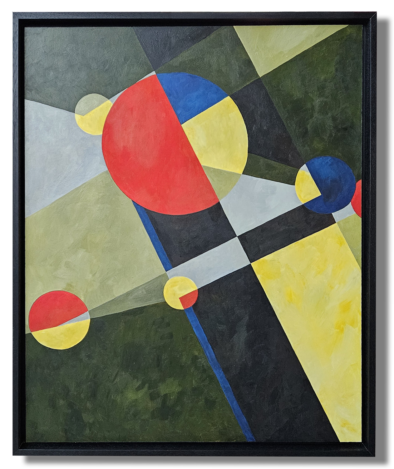 Abstract geometric painting with circles, lines, and polygons in red, yellow, blue, black, gray, and green colors.