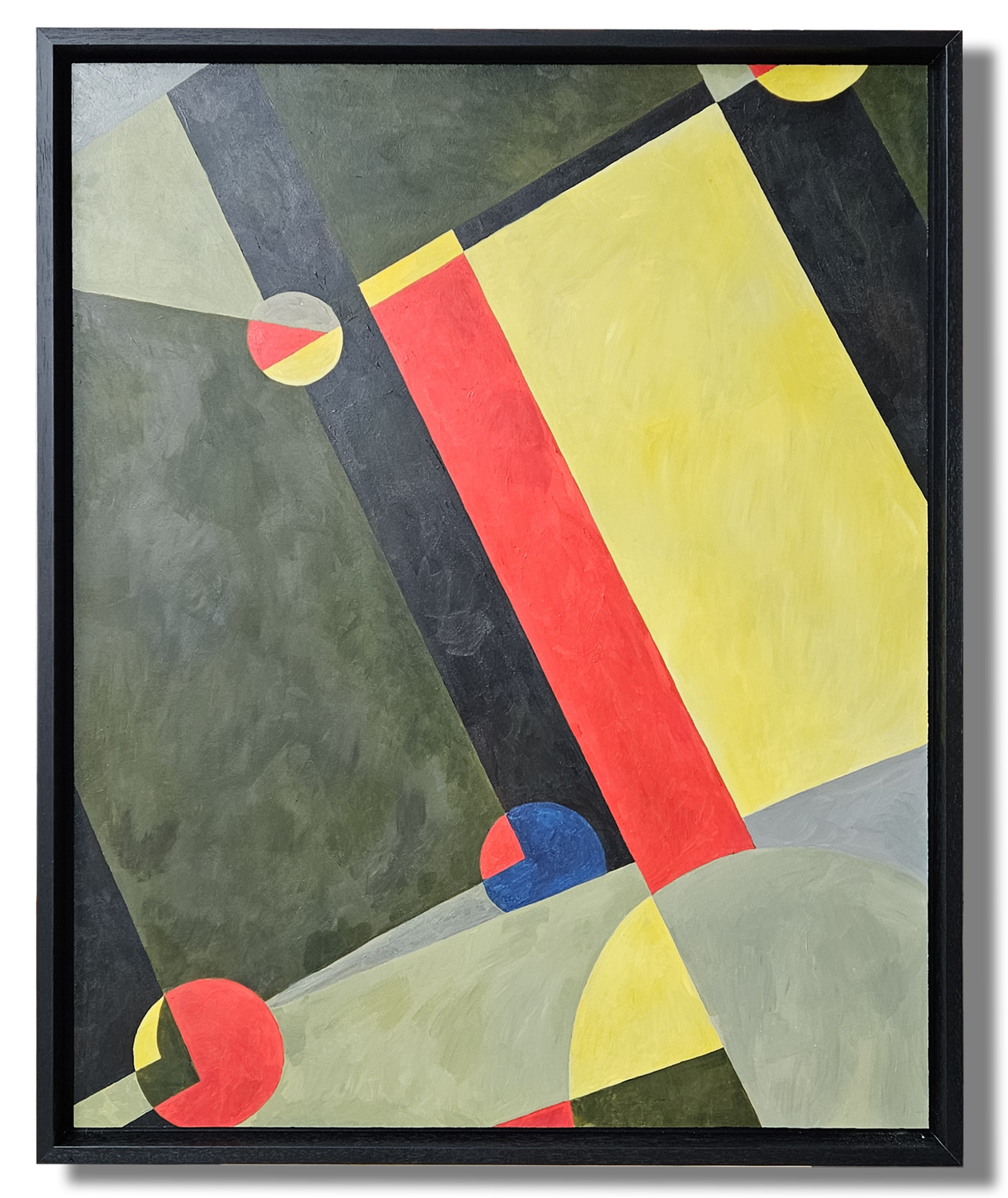 Abstract geometric painting with large black, yellow, red, and green shapes and circles