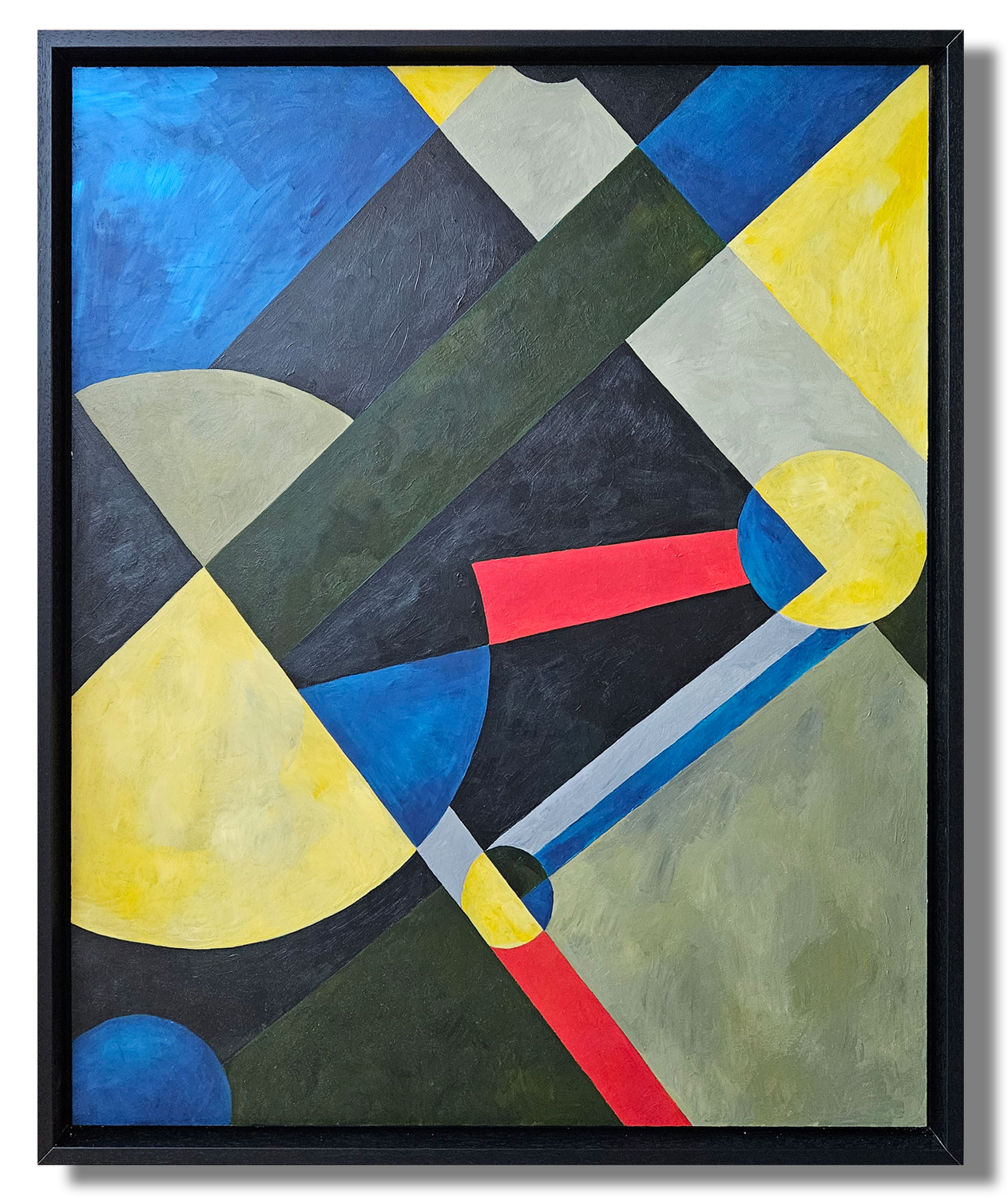Abstract geometric painting with black, blue, yellow, red, gray, and green shapes and lines, framed in black.