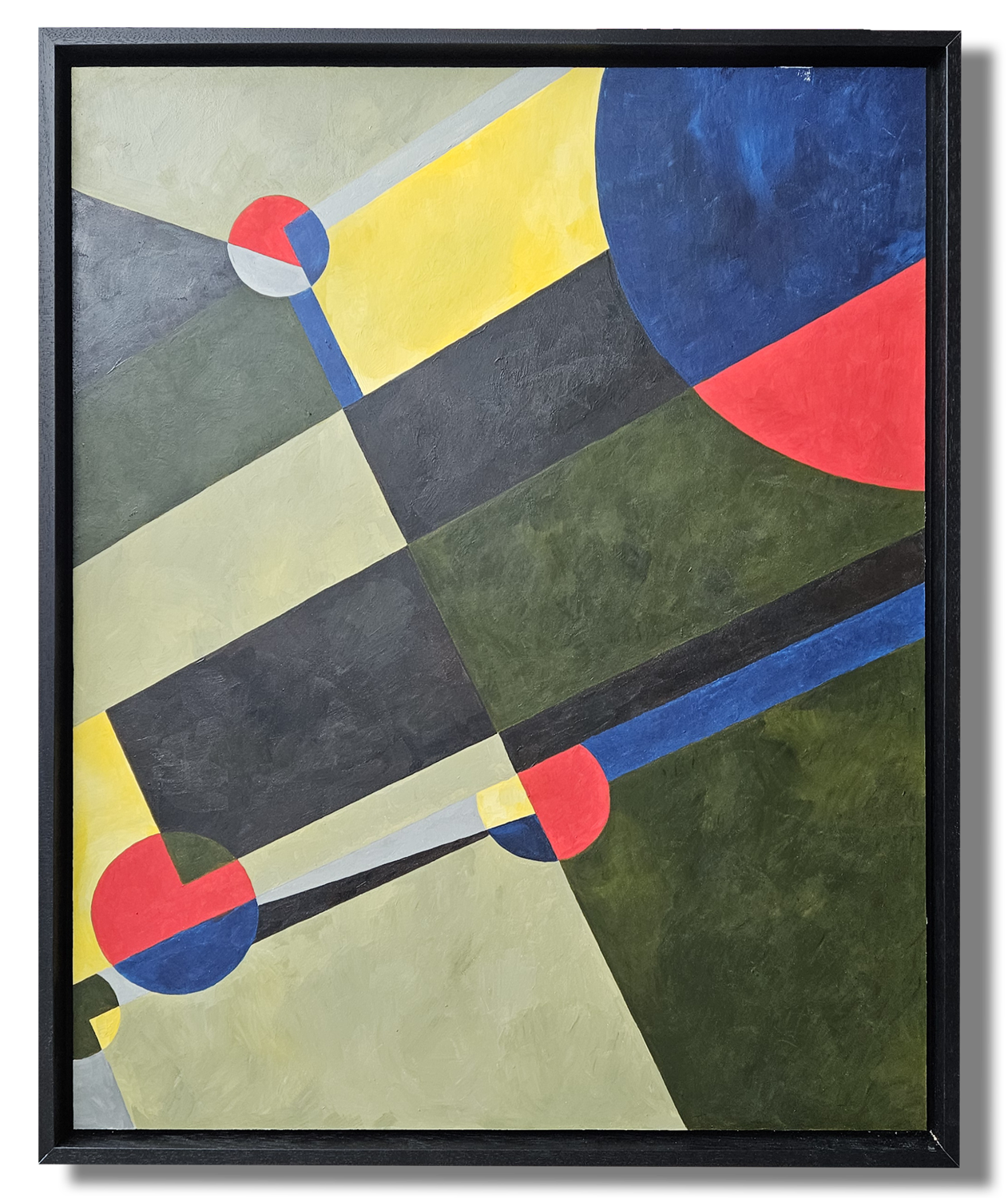 Abstract geometric painting with various colored shapes including circles, rectangles, and lines in shades of yellow, green, blue, red, black, gray, and white.