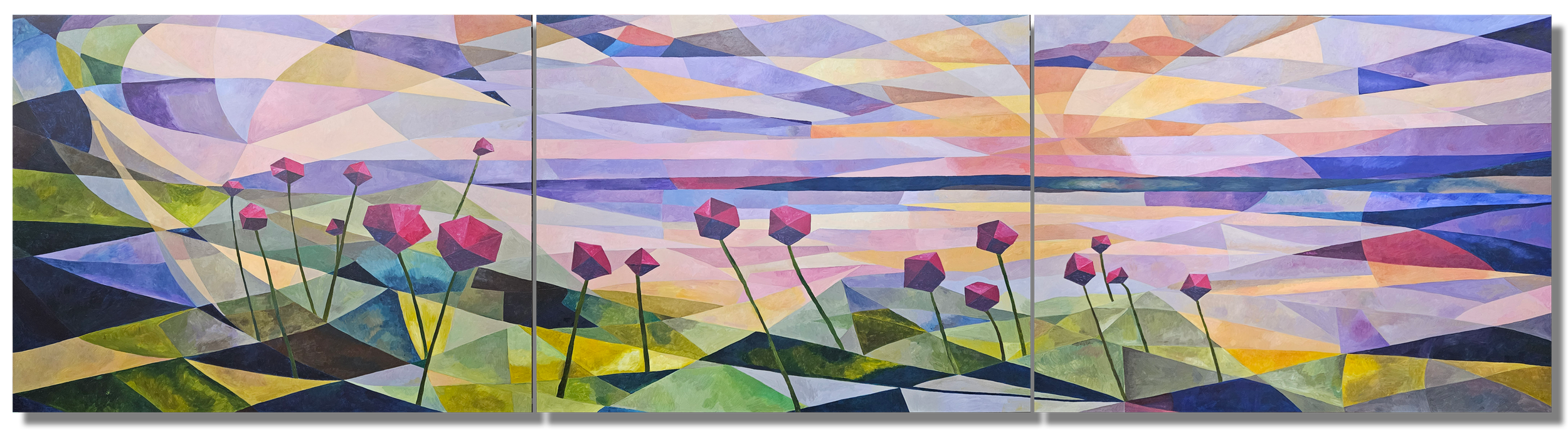 A three-panel abstract mosaic painting with a colorful landscape featuring pink flowers, rolling hills, and a sky filled with pastel hues.