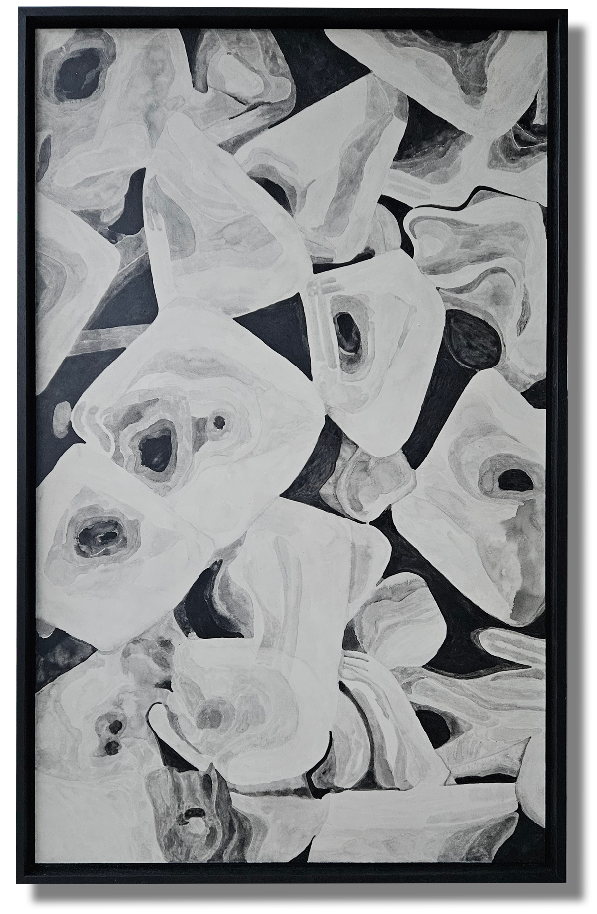 Black and white abstract painting featuring multiple faces with varied expressions and features, densely packed and overlapping.