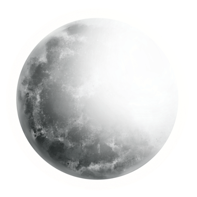 A stylized image of the moon with black and gray surface details, surrounded by a yellow glow or border, with a bright, colorful swirling pattern in the upper right portion.