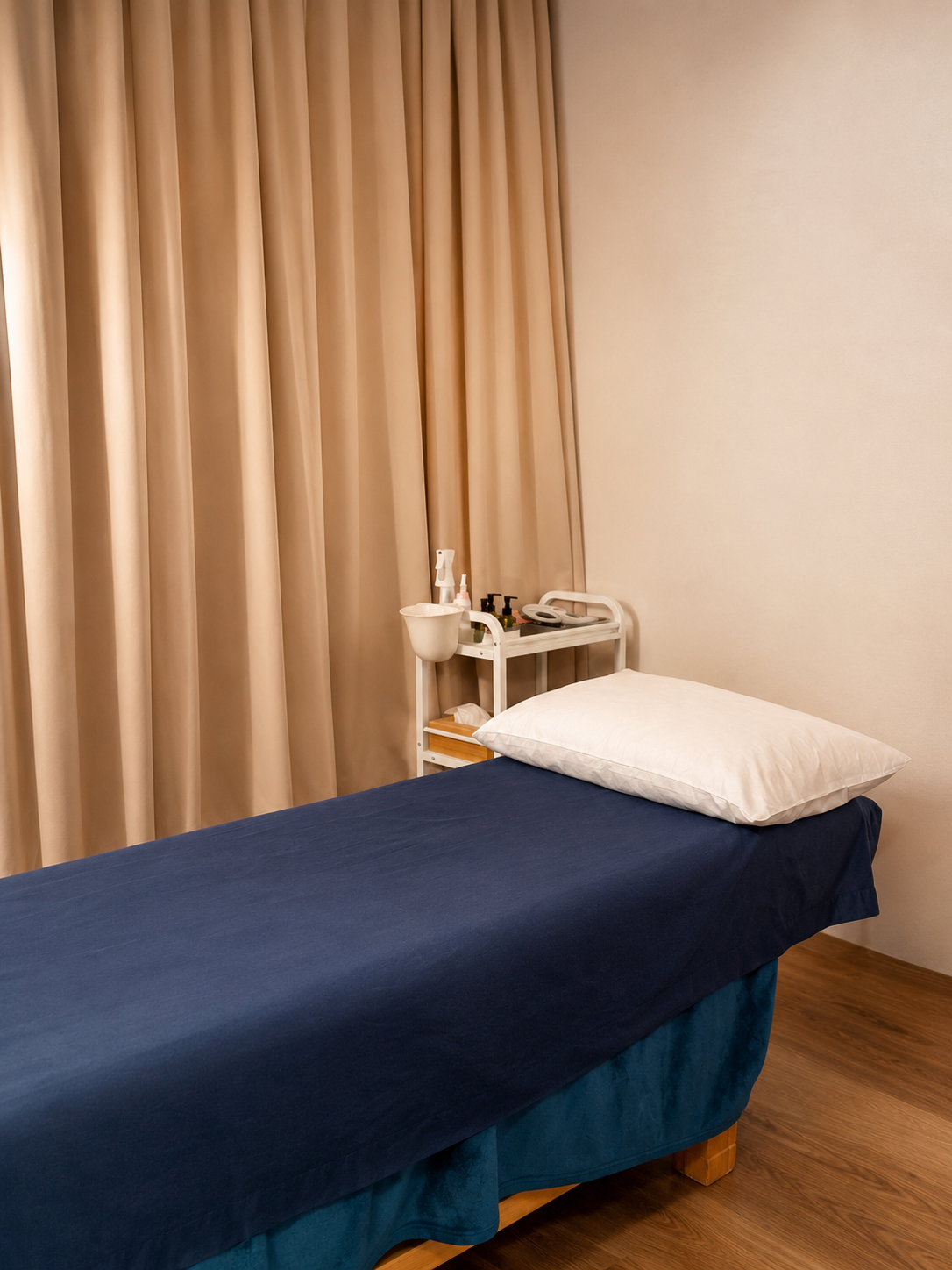Massage therapy room with a bed covered in dark blue sheet, white pillow, beige curtains, and a small white side table with massage supplies. In Getsumei Beauty.