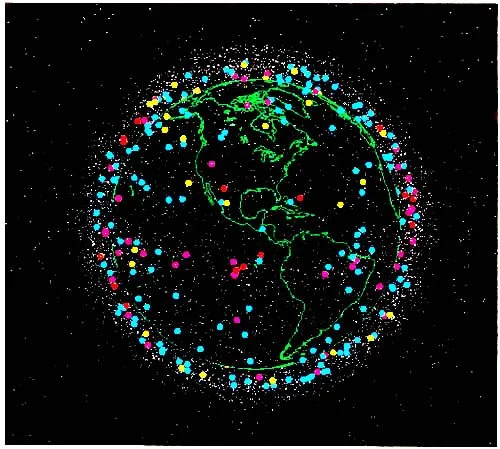 Colorful digital illustration of Earth surrounded by multicolored dots representing global connectivity or data points.