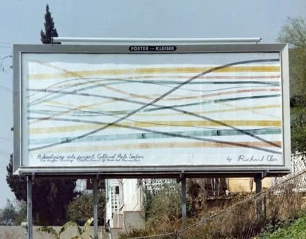 Outdoor billboard with abstract colored lines and signature, titled 'Happenings and Travel: General Rail Station,' by Richard Allen.