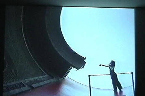 A person standing on a platform or balcony, pointing towards the sky with a large characteristic structure or building in the background.