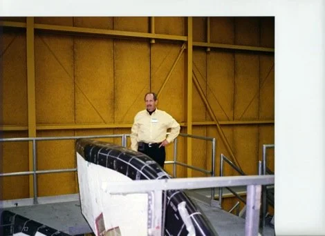 Richard Clar standing next to the tail of U.S Space Shuttle Endeavor
Boeing facilities, Palmdale, California
1998