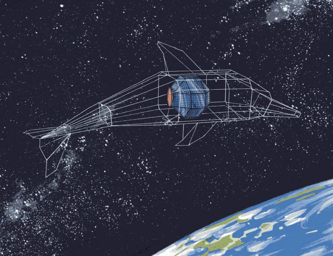 Digital illustration of a space station shaped like a rocket orbiting Earth with stars and the Milky Way galaxy in the background.