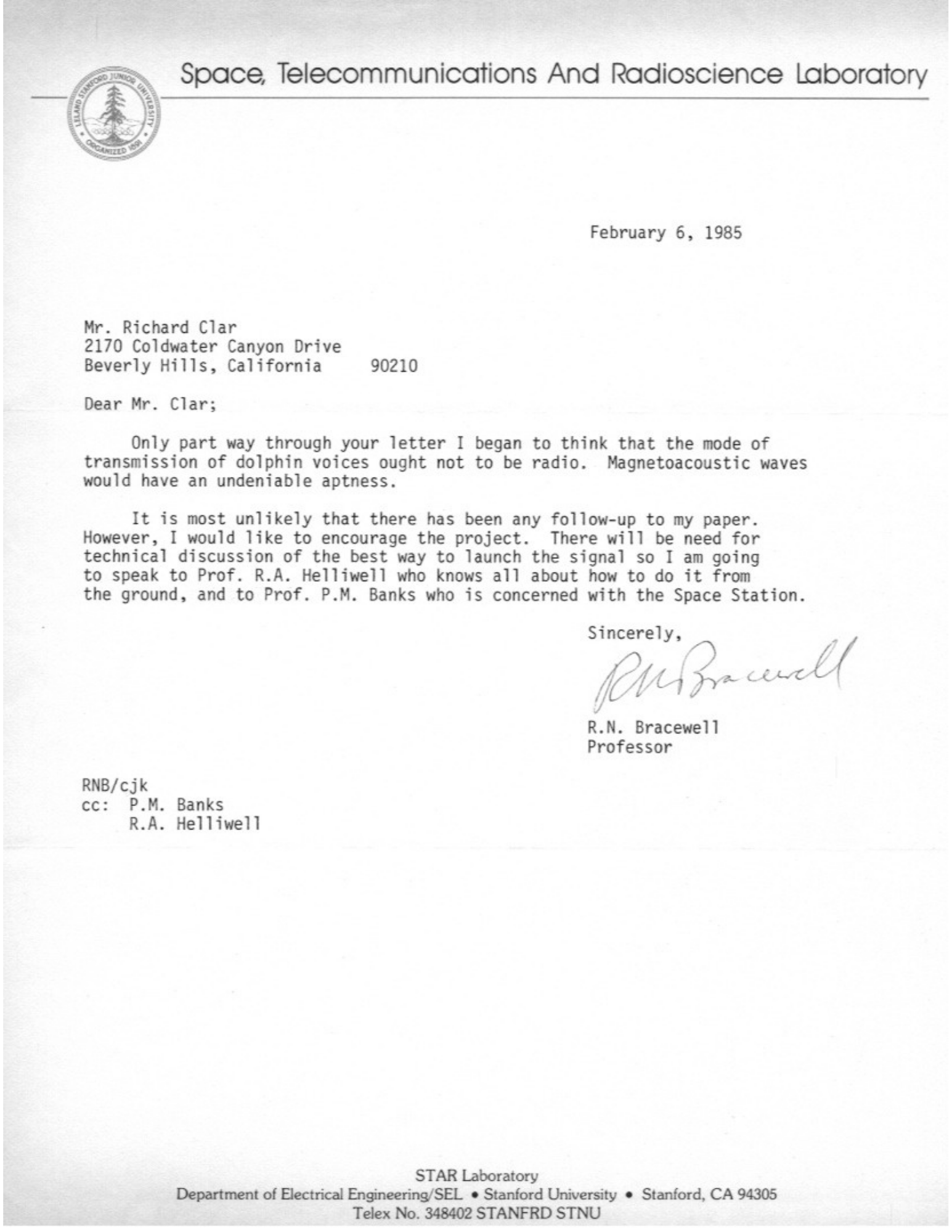 SFD Letter of Endorsement from SETI pioneer, Ronald Bracewell