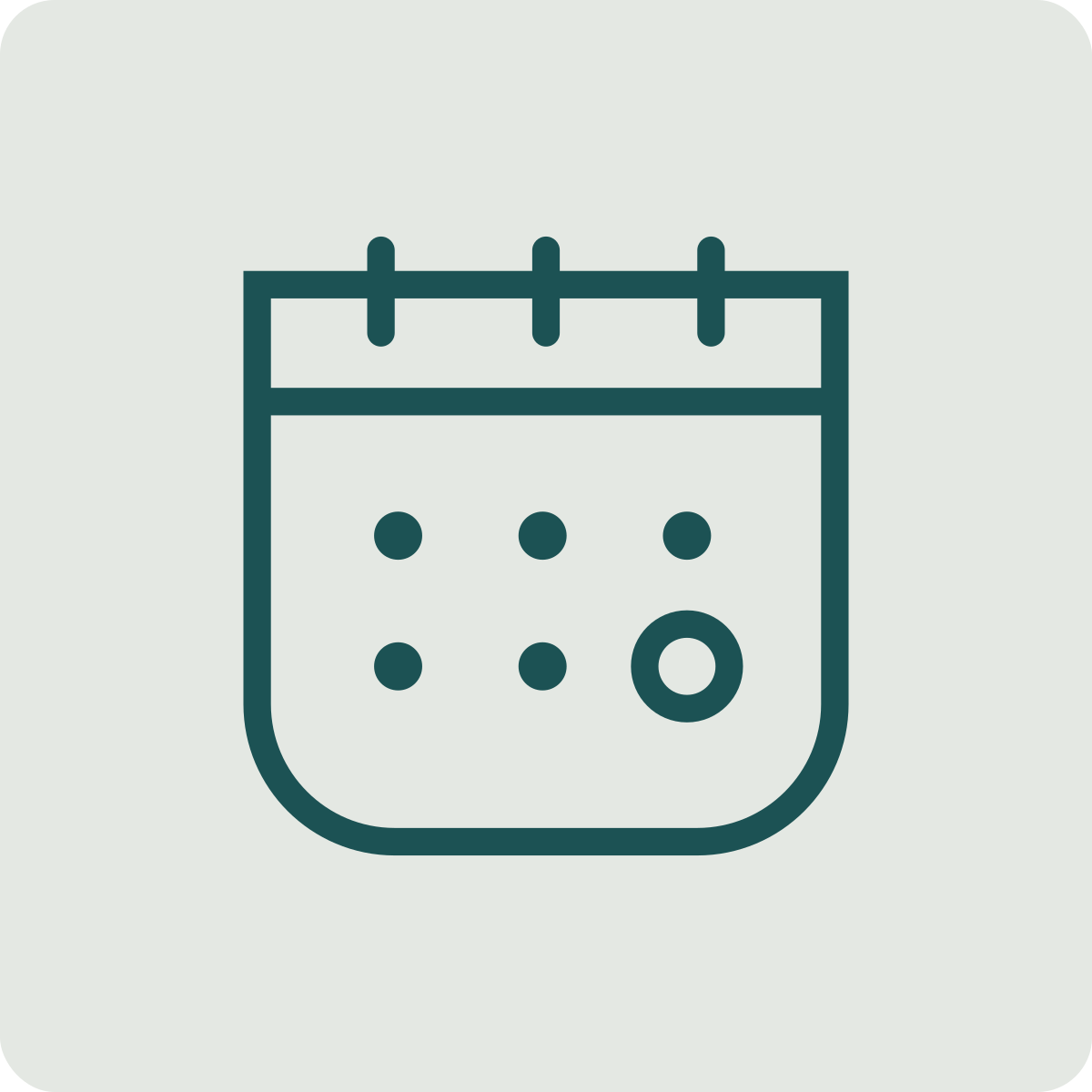 Icon of a calendar with six dots and a larger circle, representing dates or events.