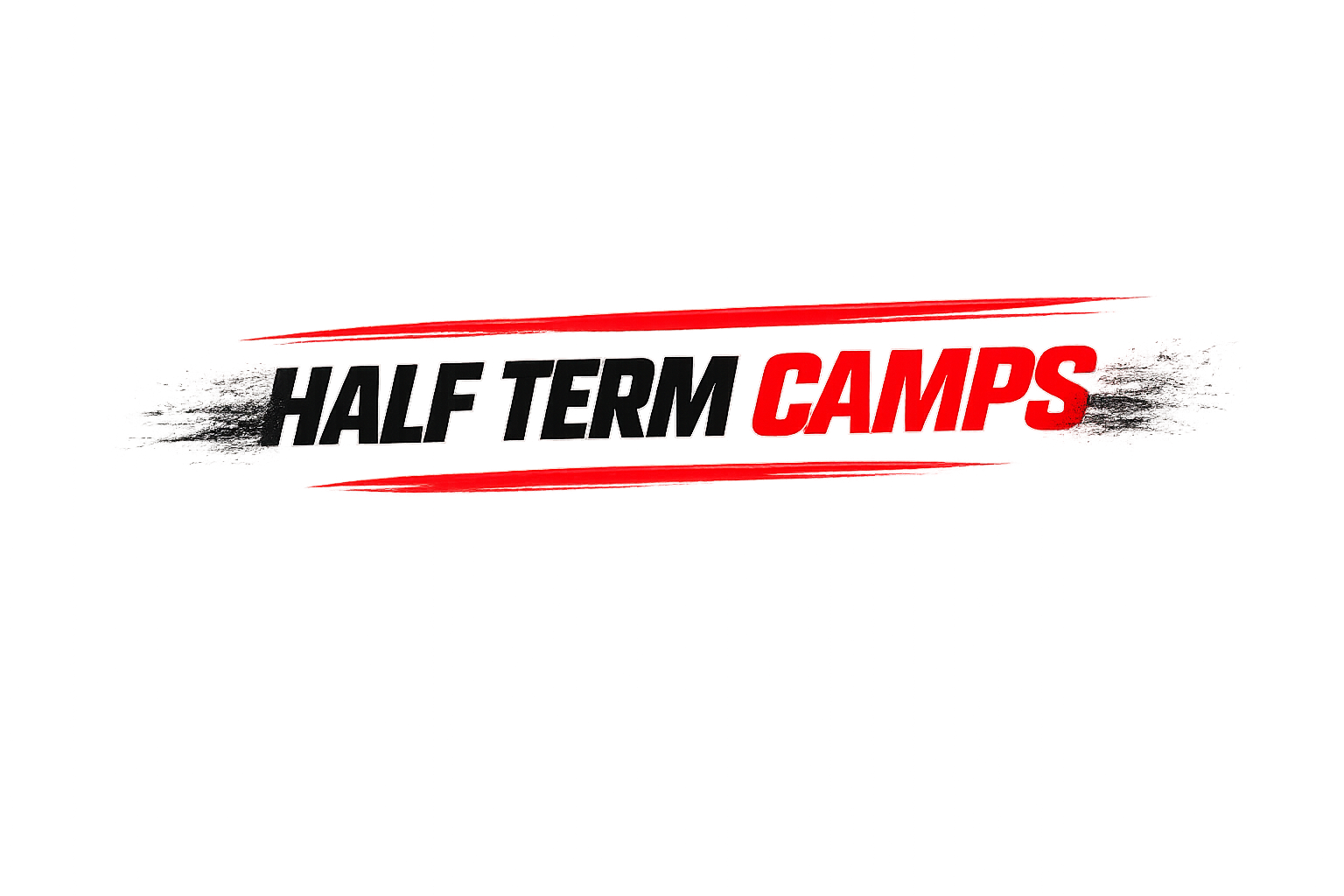 Graphic design with bold text that reads "Half Term Camps" in black and red, set against a dynamic, glitch-style background with streaks of red, black, purple, and blue.
