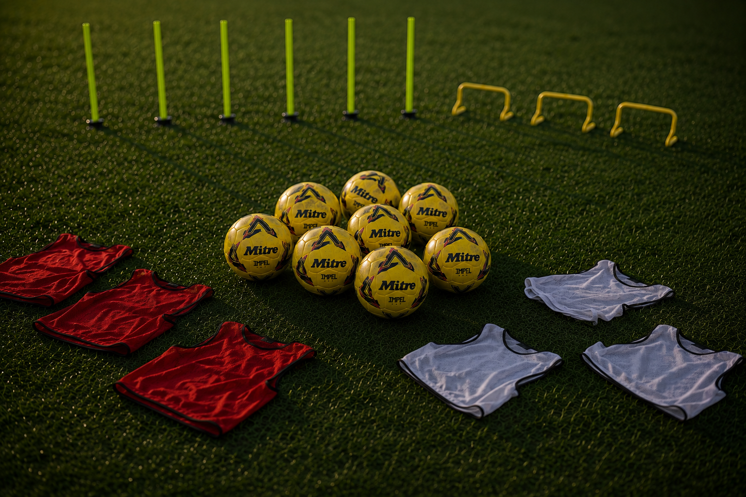 Football training equipment on a field, including yellow football balls, red and white vests, and hurdle jumps under evening light in Bristol.