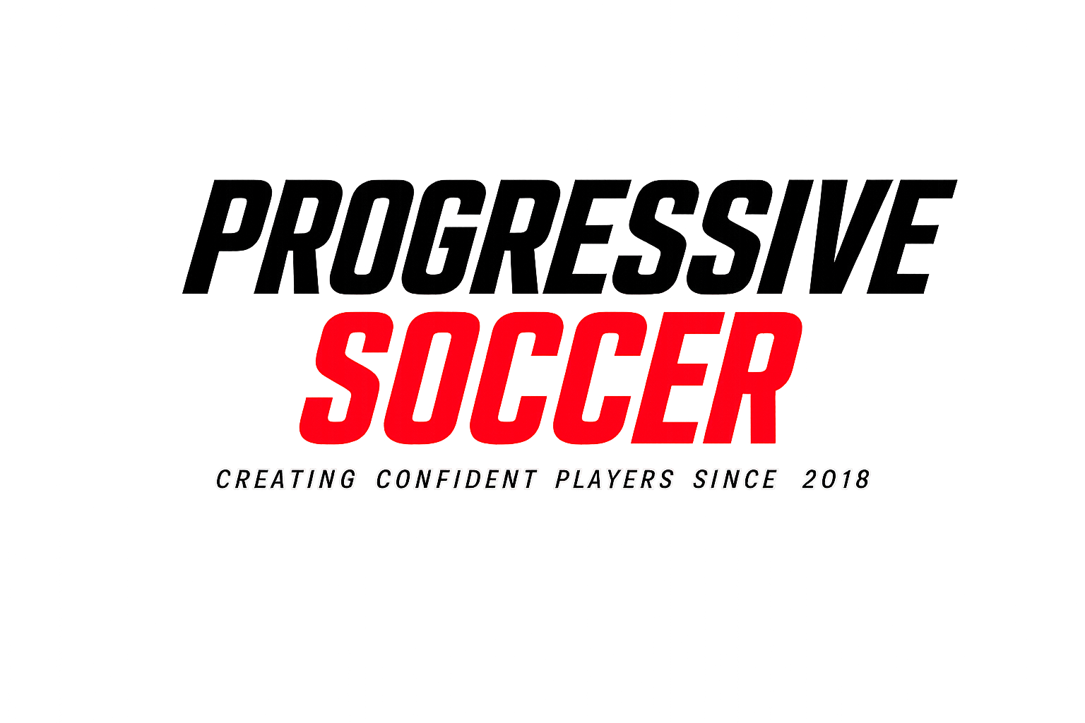 Logo for 'Progressive Soccer' with tagline 'Creating confident players since 2018' in black, red, and white text on a black background.