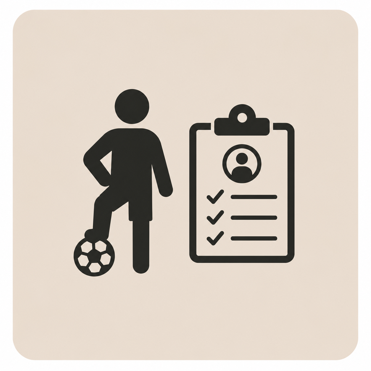 Icon of a person with a football next to a clipboard with a profile photo and checklist, indicating a training plan.
