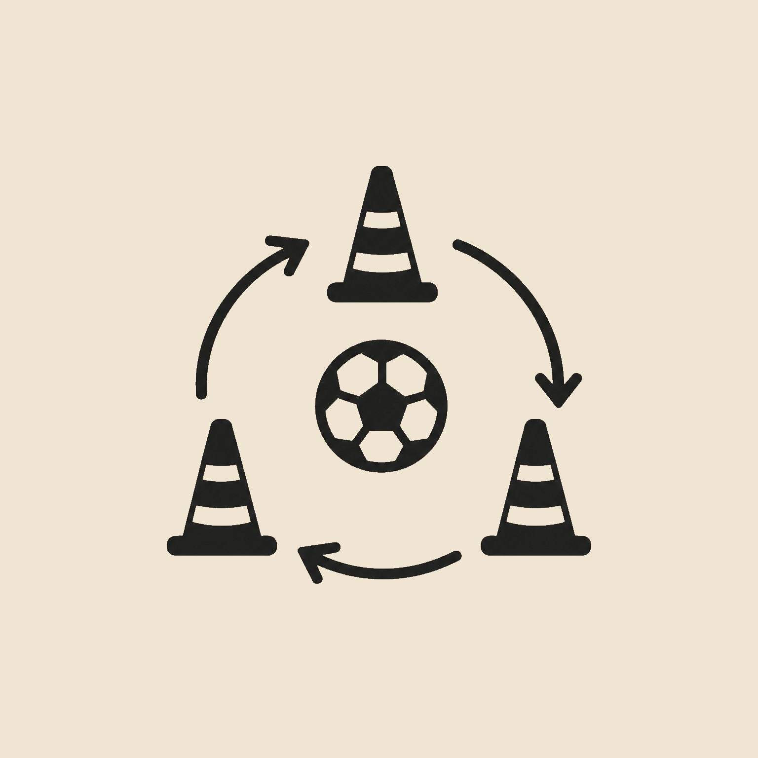 Illustration showing a football in the center, surrounded by three traffic cones, with arrows indicating a circular passing or movement pattern around the cones.