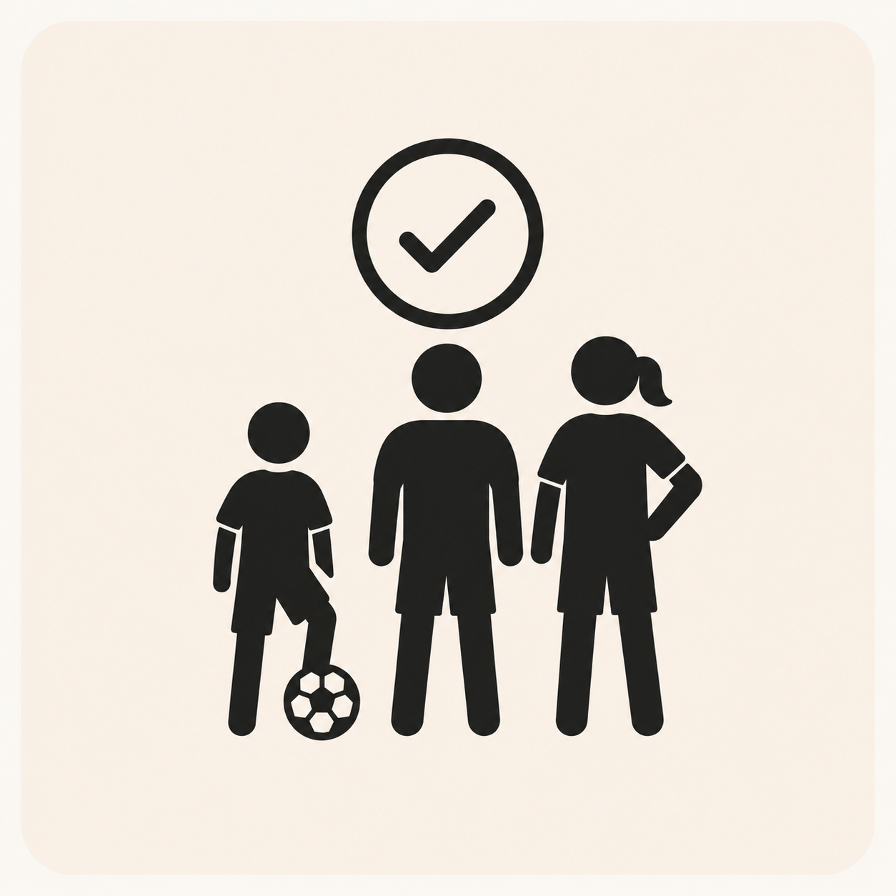 Silhouettes of three children, one with a football, one with a cast on her arm, and one with a ponytail, with a checkmark above them.