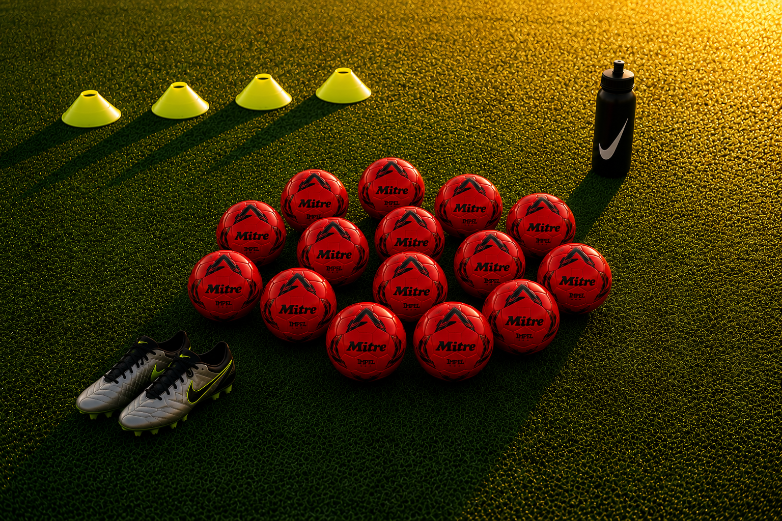 Football equipment arranged on a field in Bristol, including red footballs with the Mitre logo, a pair of Nike football boots, yellow training cones, and a black water bottle with a Nike swoosh logo.