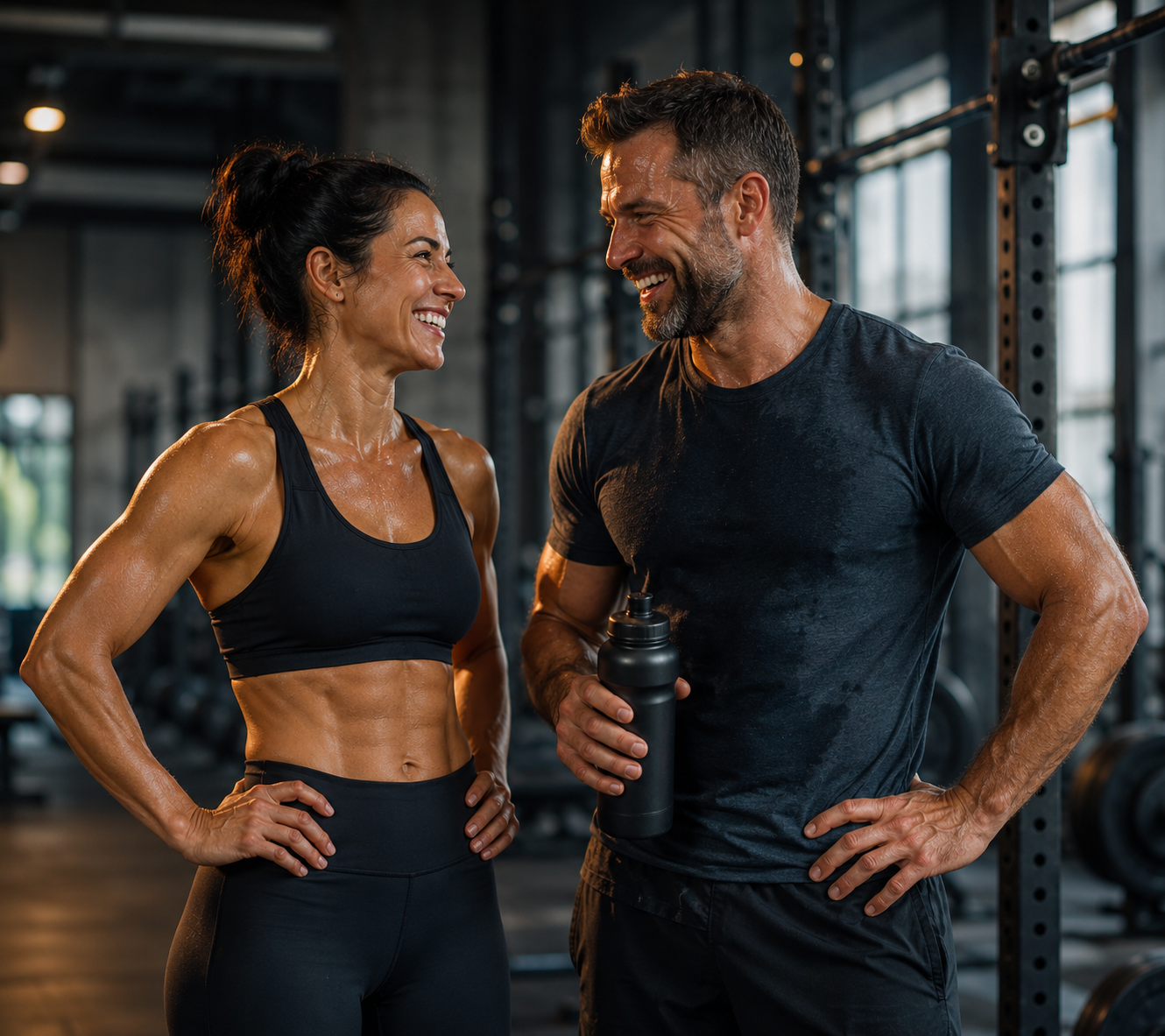 A man and a woman talking happily after a workout in a gym, both sweaty and smiling, with gym equipment and large windows in the background.