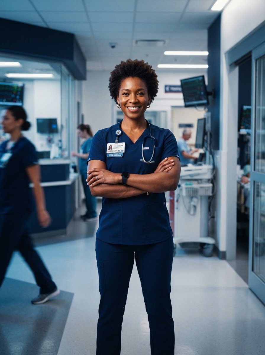 A smiling Black female nurse with curly hair standing confidently with crossed arms in a hospital corridor, wearing dark blue scrubs and a stethoscope around her neck.