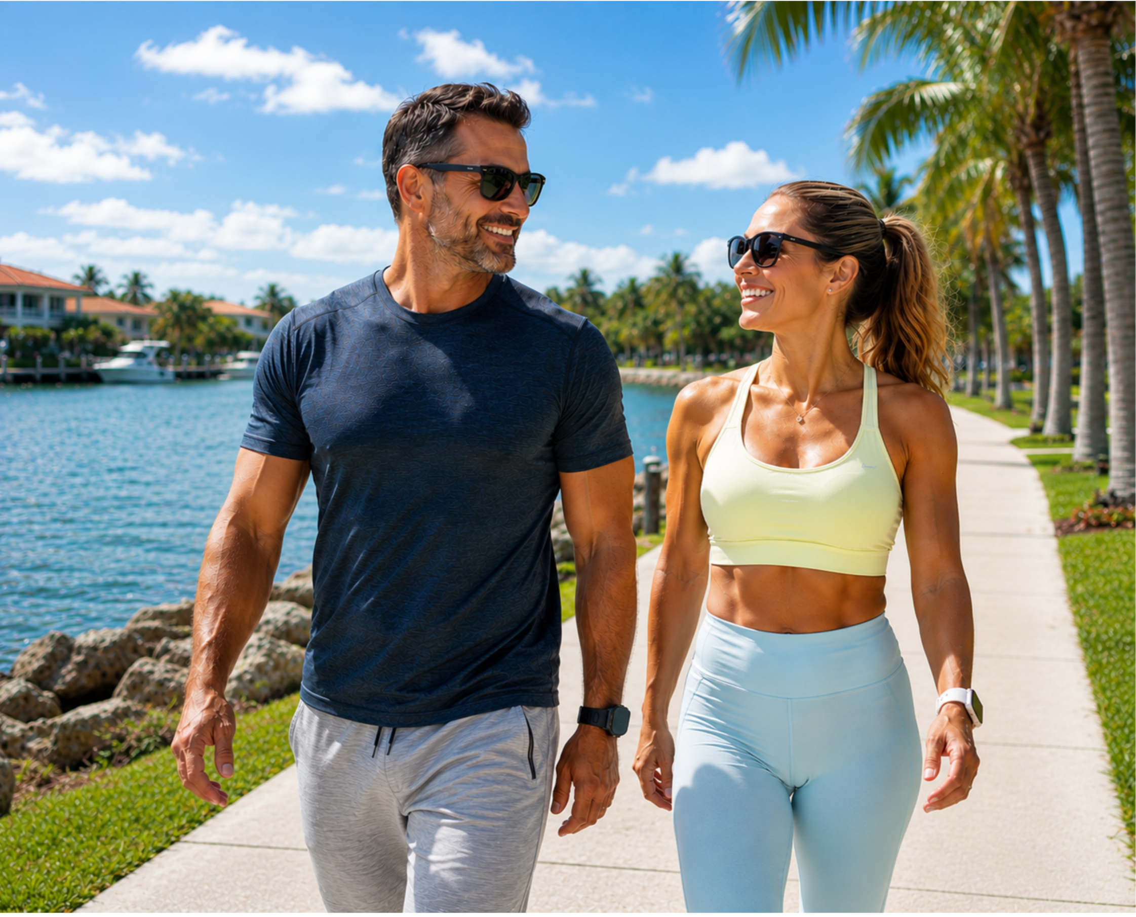 A middle-aged man and woman walking hand in hand along a sunny waterfront promenade lined with palm trees. They are both wearing sunglasses and athletic clothing, smiling and enjoying a leisurely outdoor walk.