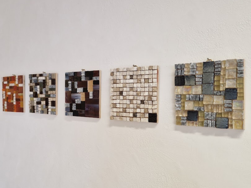 Five square, abstract mosaic art pieces from Jacky's For Love or Money exhibition.